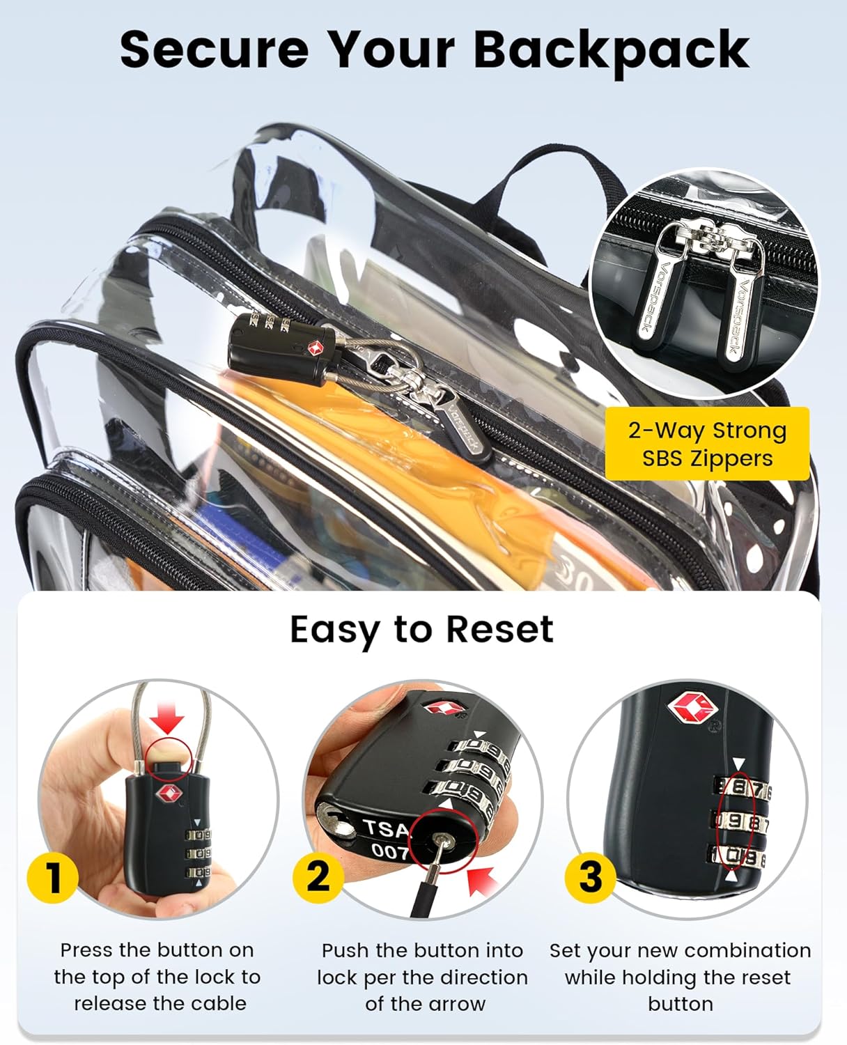 Vorspack Clear Backpack - Heavy Duty Extra Large Transparent Bookbag with TSA Lock | Black for College & Travel