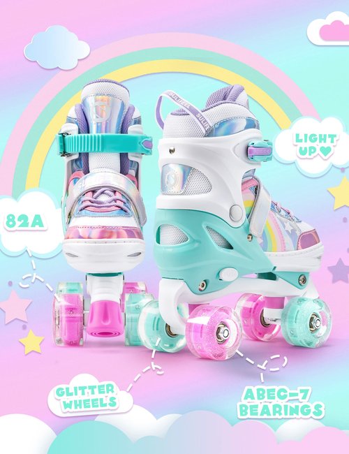 SULIFEEL Rainbow Unicorn Roller Skates for Youth Size Large and Adjustable Protective Gear Set Shiny Medium