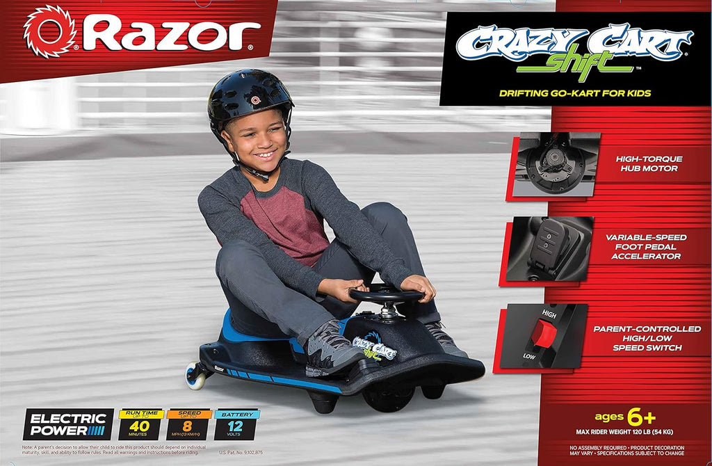 Razor Crazy Cart Shift Electric Go Kart for Kids 6+ | 12V Drifting System, High/Low Speed, Black/Blue