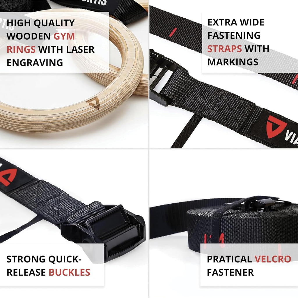 VIA Fortis® Premium Wooden Gym Rings - Extra Wide Straps & Workout Guide for Calisthenics | Crossfit