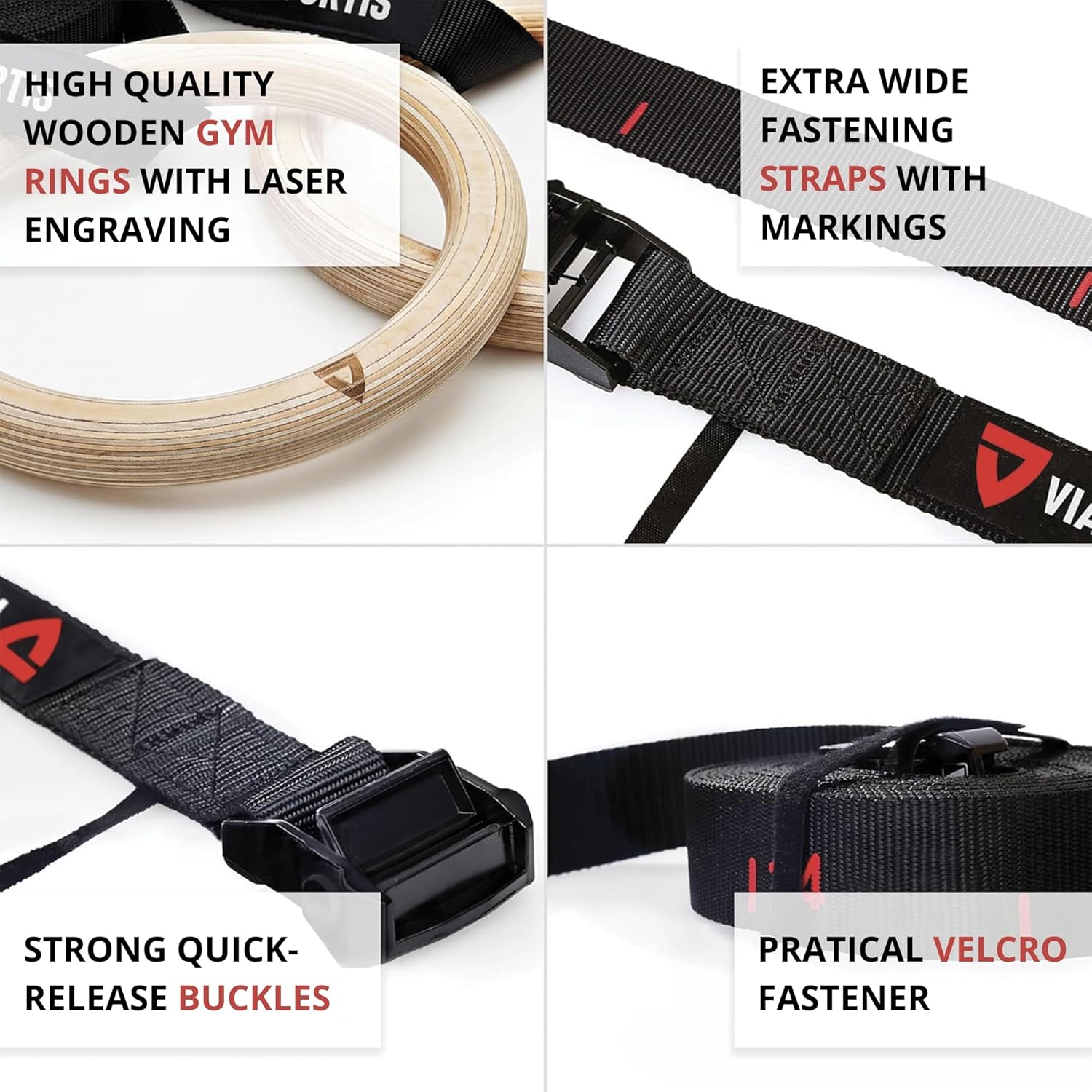 VIA Fortis® Premium Wooden Gym Rings - Extra Wide Straps & Workout Guide for Calisthenics | Crossfit