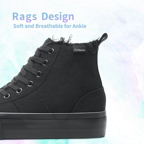 Obtaom High Top Platform Sneakers Women Mid Calf Play Canvas Shoes Washed Platform Skate Skateboard Shoe Casual Canvas Fashion Sneakers(Black Mono,US9)
