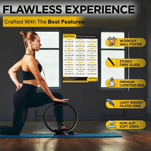 eleabro Sports 14 inch Pilates Ring Circle - Magic Circle Pilates Ring with A1 Size Workout Poster, Yoga Ring Fitness Ring with Soft Handles, Inner Thigh Exercise Equipment for Home Workouts - (Black)