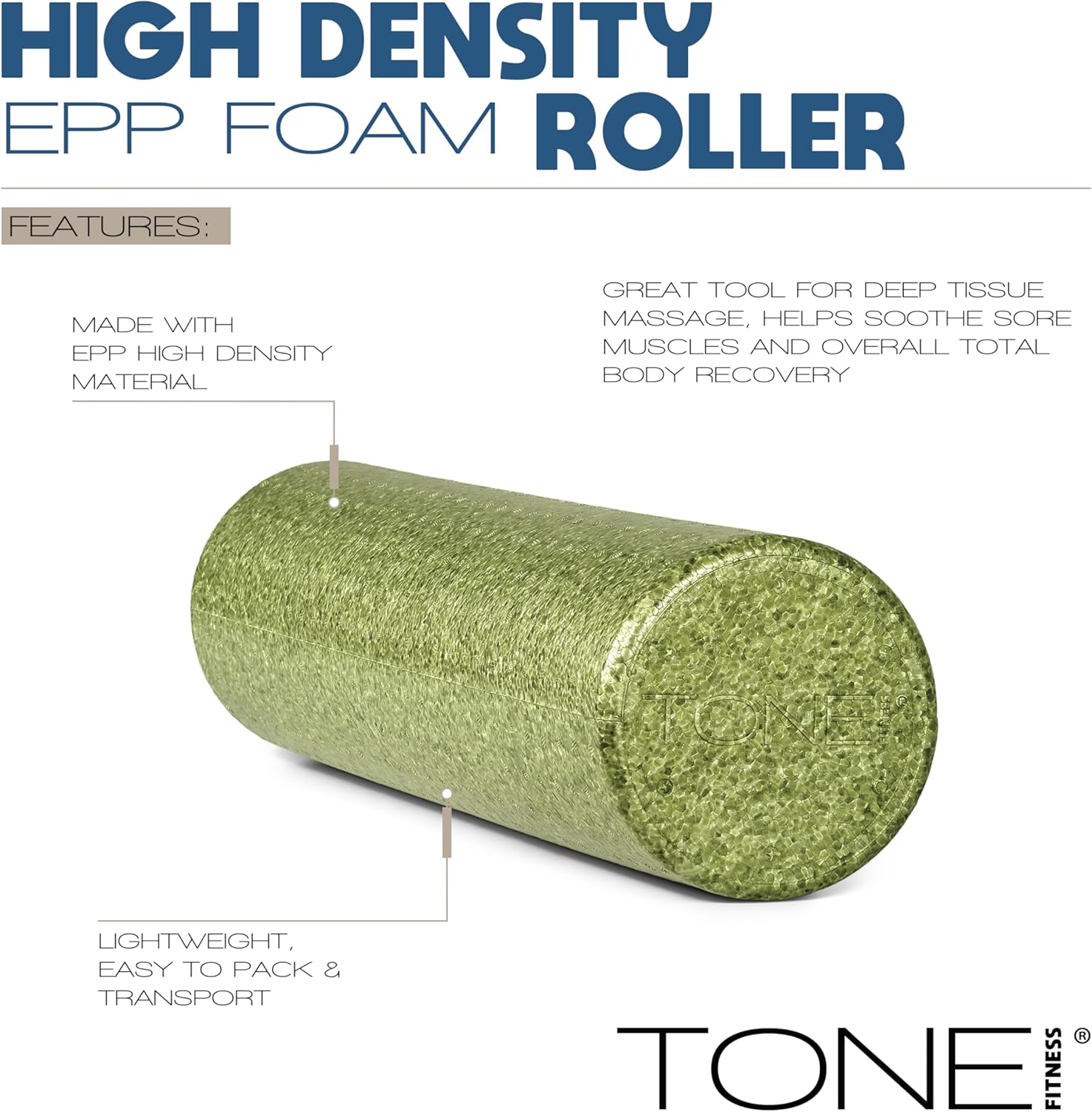 Tone Fitness High Density EPP Foam Roller - Ideal for Yoga, Pilates, Stretching & Recovery | Various Sizes & Colors