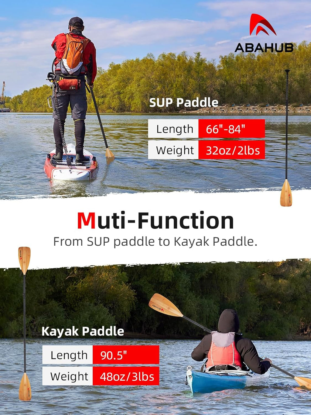 Abahub SUP Paddle - Adjustable 3-Piece Lightweight Paddleboard Oars | Aluminum Alloy Shaft 68"-84" - Multiple Colors Available
