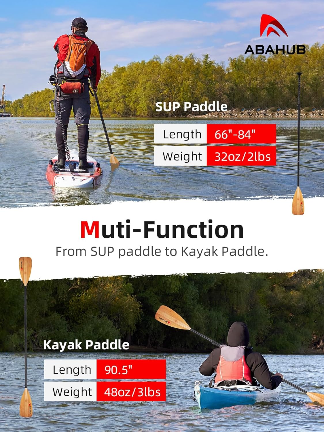 Abahub SUP Paddle - Adjustable 3-Piece Lightweight Paddleboard Oars | Aluminum Alloy Shaft 68"-84" - Multiple Colors Available