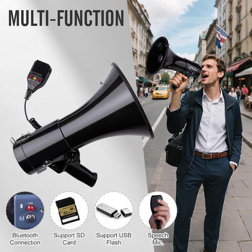MyMealivos 50W Bluetooth Megaphone - Rechargeable Bullhorn with Siren & 240s Recording | 1600ft Range for Sports & Emergencies