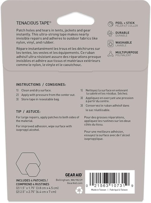 GEAR AID Tenacious Tape Hex - Peel-and-Stick Repair Patches for Outdoor Gear | 8 Clear Patches (4x2.5” & 4x1.5”)