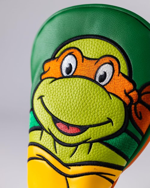 Pins & Aces TMNT Fairway Head Cover - Premium, Hand-Made Leather Headcover - Teenage Mutant Ninja Turtle Head, Tour Quality Golf Club Cover - Style and Customize You Golf Bag (Michelangelo)