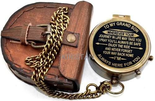 to My Grandson Engraved Brass Compass with Leather Case – Inspirational Gift from Grandfather, Vintage Pocket Navigation Tool for Travel, Hiking, Keepsake, Christmas, Birthday Present