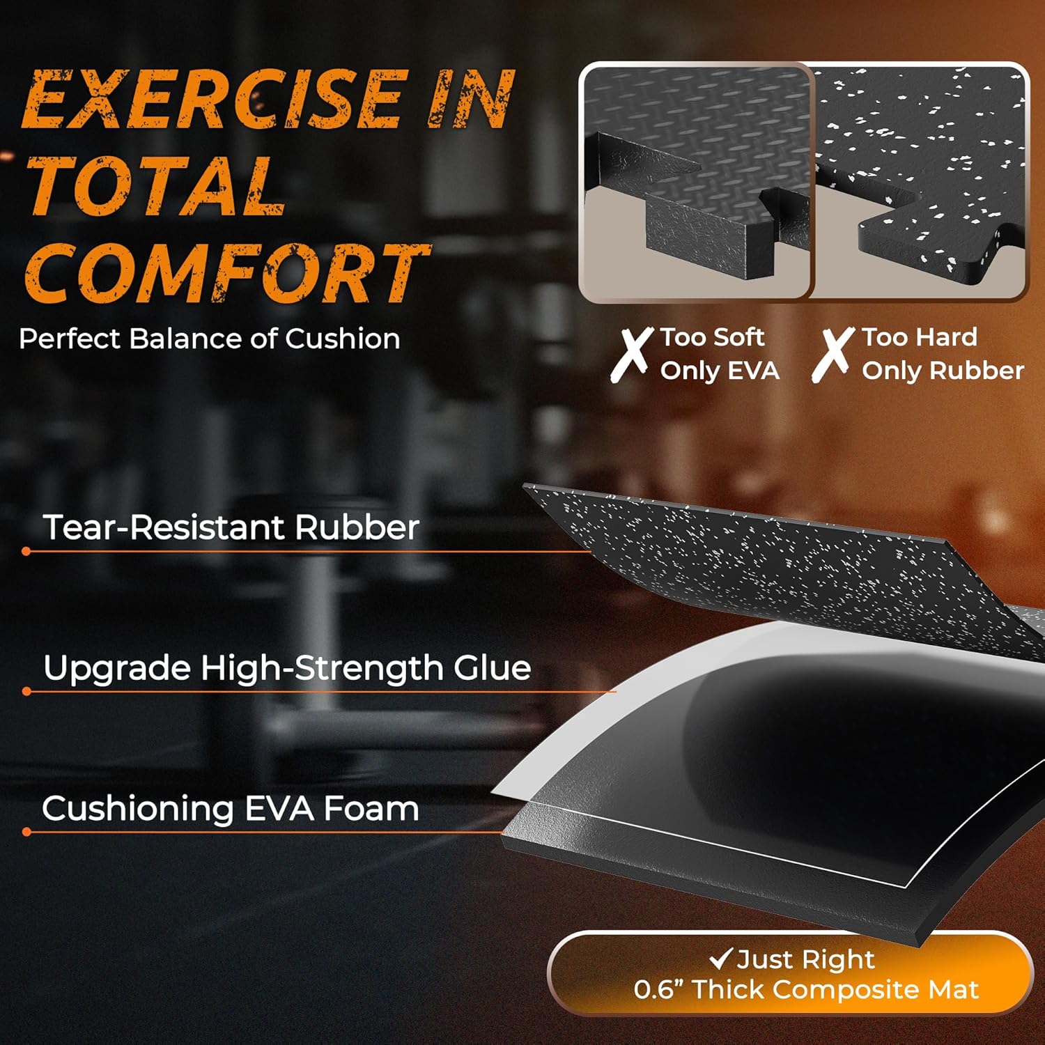 PRAISUN Gym Flooring - 0.6" Thicker Rubber Interlocking Mats | 12 Pcs, 48 Sq Ft, Black/Grey
