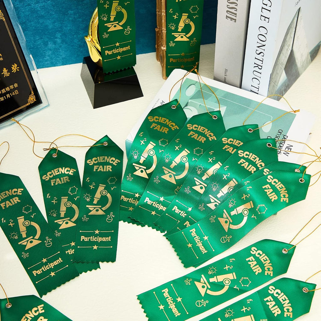 Taiyin 25 Pcs Science Fair Award Ribbons - Green Participation Prizes with Event Card String