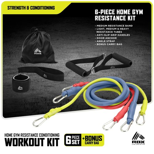 RBX 6 Piece Home Gym Resistance Kit - Light, Medium, Heavy Resistance Bands, Grip Handles, Door Anchor, Ankle Strap & Carry Bag (Pink)