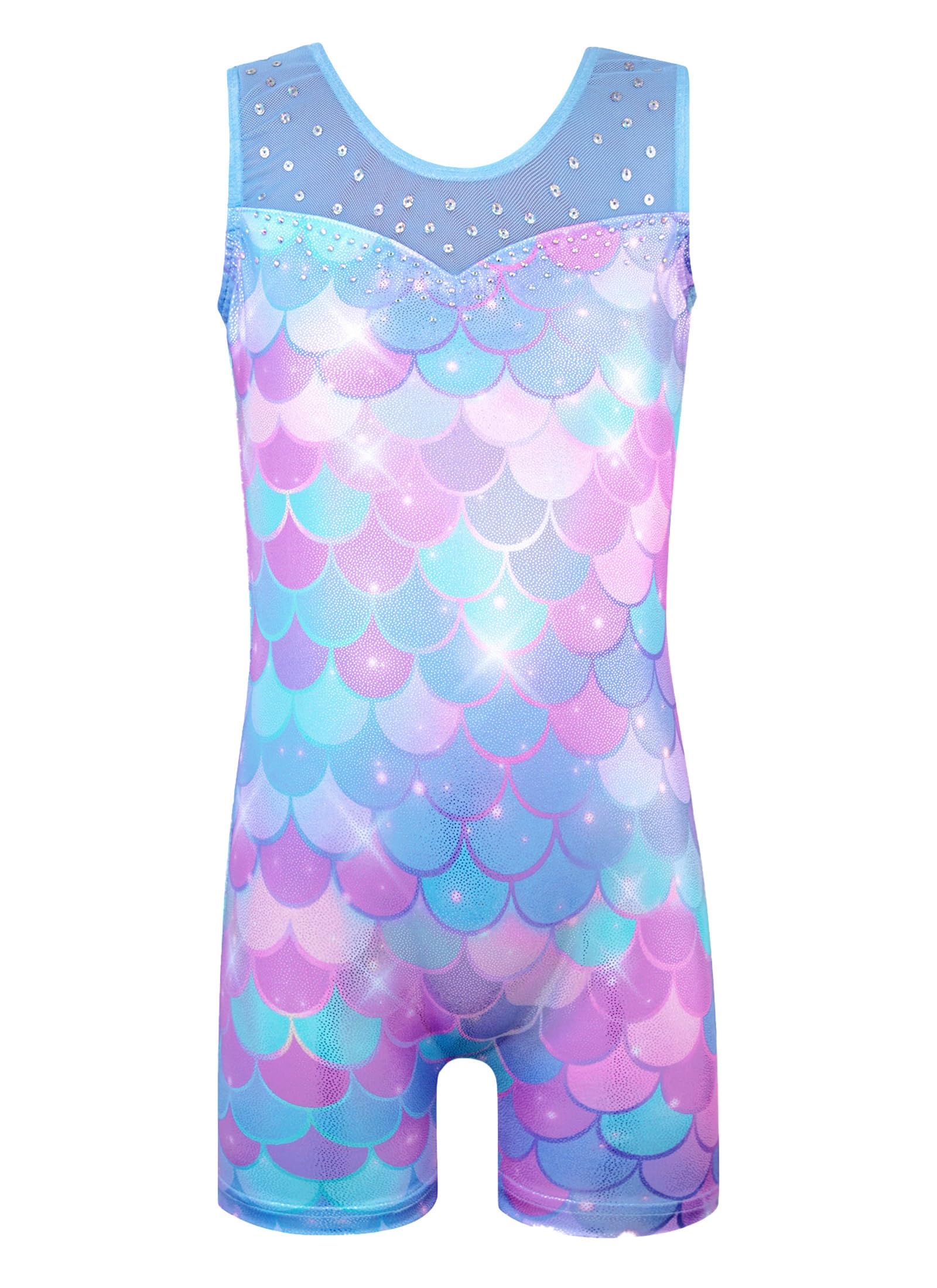 HOZIY leotards for girls gymnastics size 8-10 years Spliced Mesh Strap Tumbling Outfits Biketard Practice Blue Mermaid Rhienstone Sparkly ropa de gimnasia para niñas