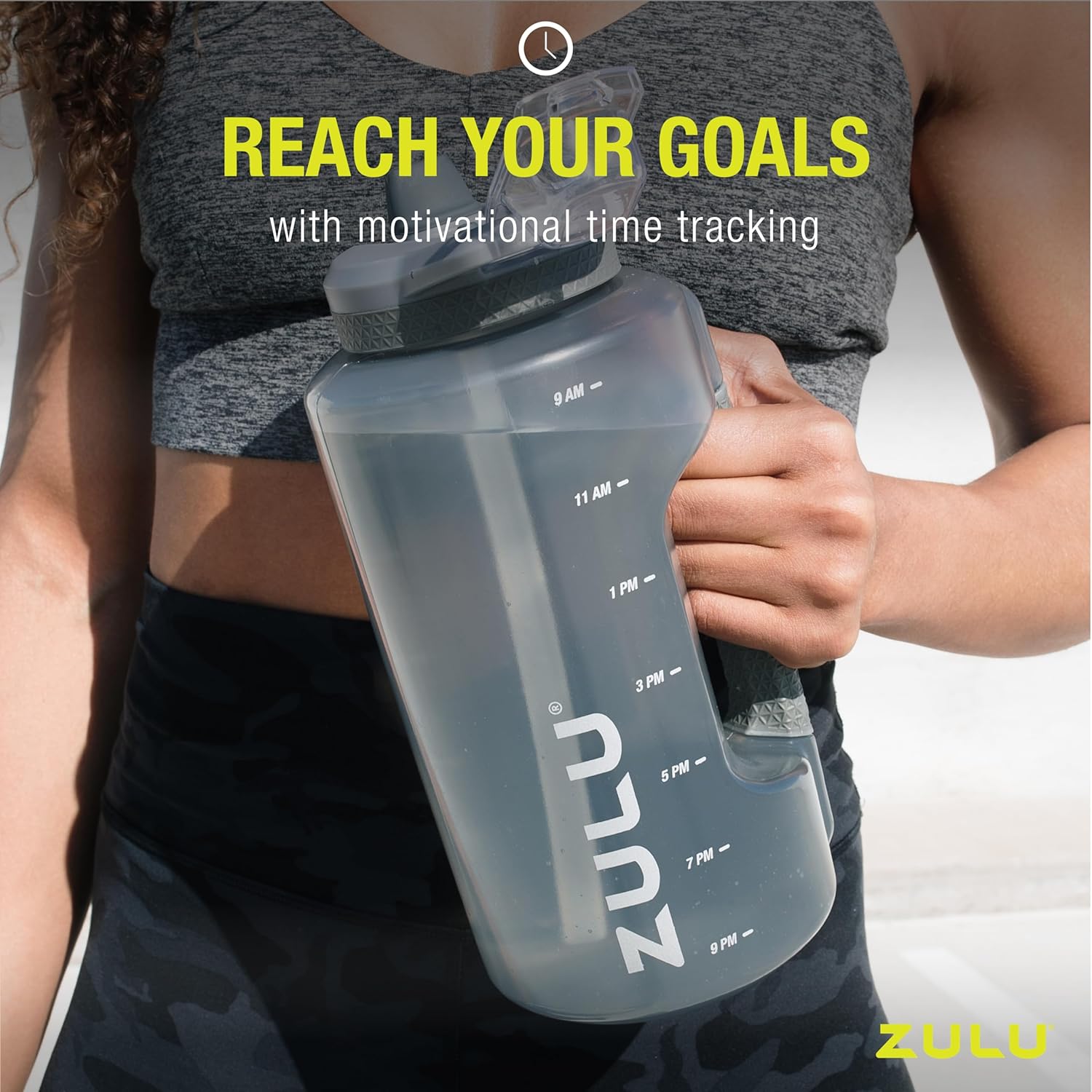 ZULU Goals 64oz Half Gallon Water Bottle - Leak Proof, Time Marker & Straw | Grey Reusable Jug for Gym & Outdoors