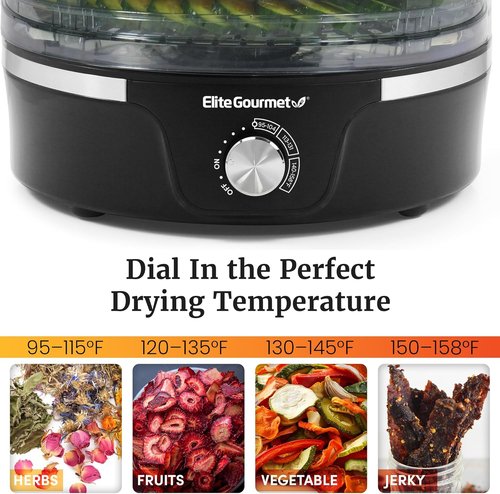 Elite Gourmet EFD319 Food Dehydrator - 5 BPA-Free Trays with Adjustable Temperature for Jerky & Snacks | Black