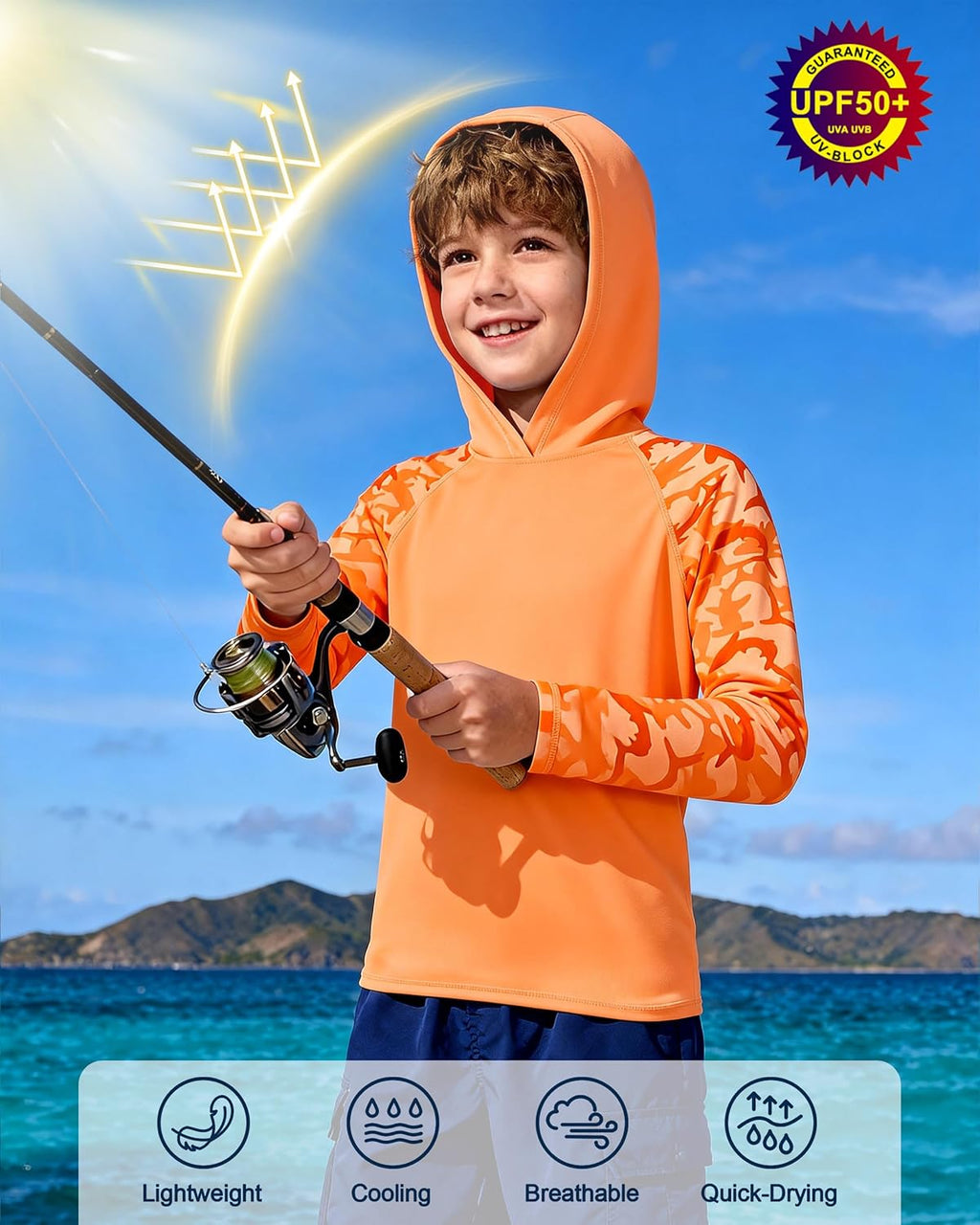 Skiennix Boys Rash Guard Swim Hoodie - UPF 50+ UV Protection Long Sleeve Fishing Shirt | Youth SPF Water Shirt