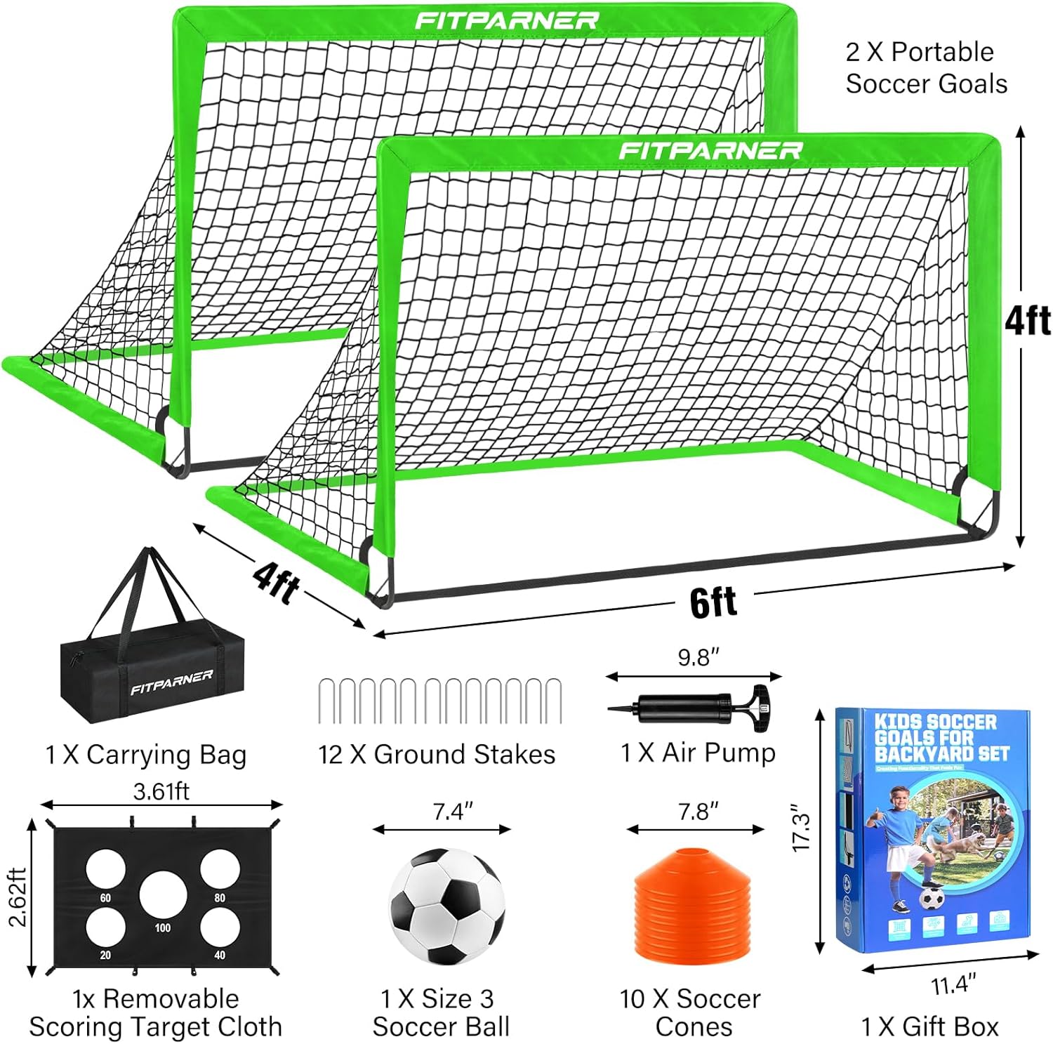 Skiennix Soccer Goals - Portable Backyard Soccer Nets for Kids | 2 Pack, 4x3/6x4 FT with Target, Balls & Cones