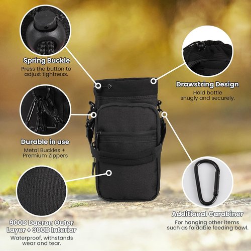 Nuovoware Insulated Water Bottle Carrier - 40oz Flask Holder with Adjustable Strap & 2 Pockets for Hiking | Climbing