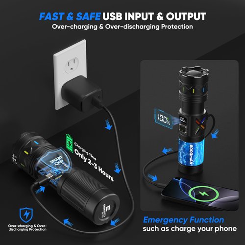 erbrigtli Flashlights High Lumens 10000 Rechargeable, Super Bright 50W LED, Long Running 15 Hours, USB C Input & USB Output, Zoomable 3 Modes, Powerful Strong Flash Light for Home Hiking Camping