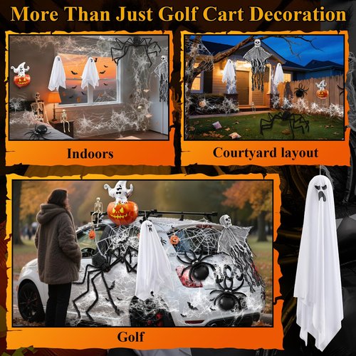 Moucuny 13 Pcs Halloween Golf Cart Decor Kit Spider Cotton Aluminum Film Balloon Spider Ghost Pendant Bat Wall Sticker Skull Ghost Pendant Aluminum Film Ball Skeleton Model for Golf Cart Accessories