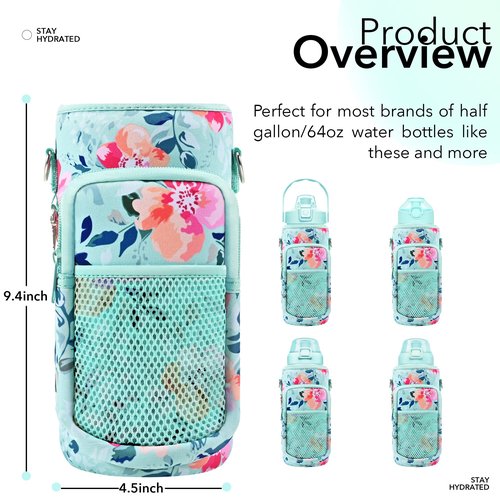 Half Gallon Water Bottle Carrier Bag, Bottle Pouch Phone Holder, Adjustable Shoulder Hand Strap 2 Pocket Sling Neoprene Sleeve Sports Water Jug Accessories for Hiking Travelling &Camping