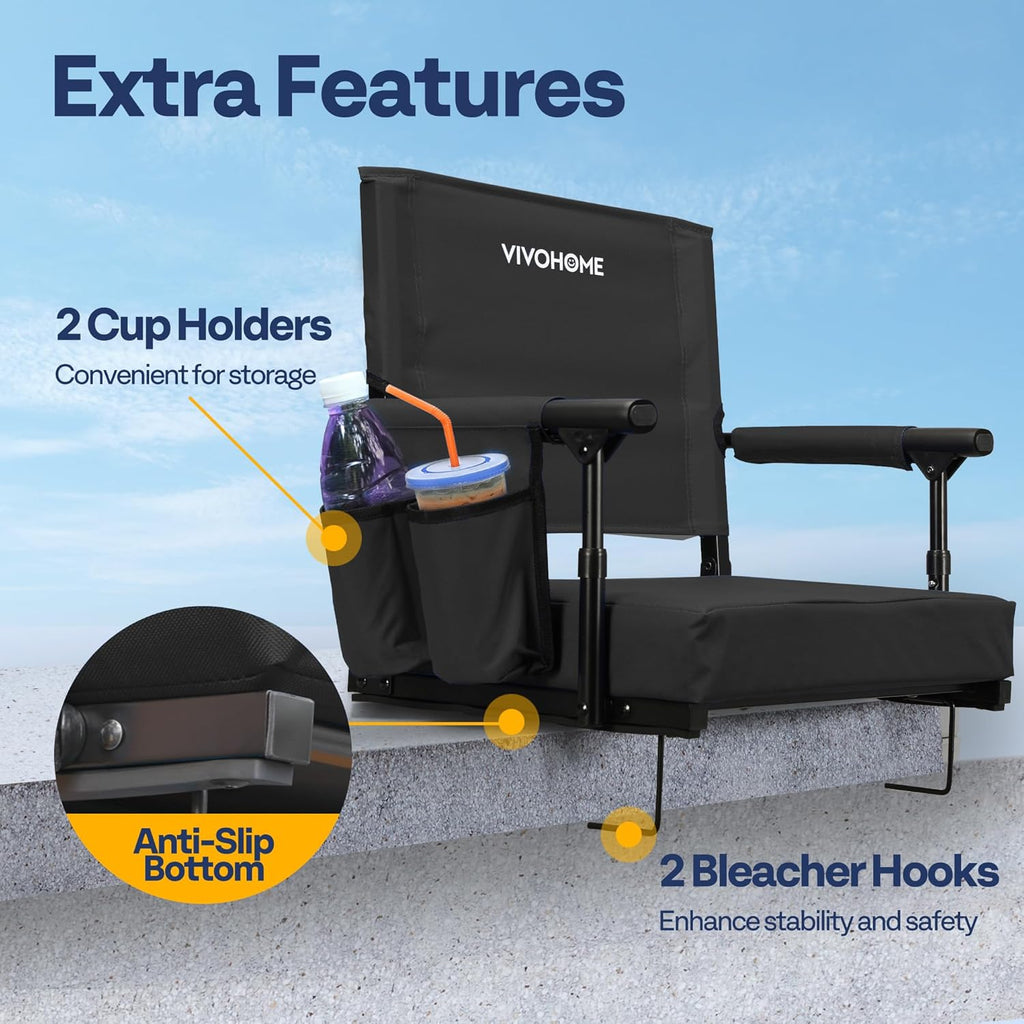 VIVOHOME Portable Stadium Seat - Comfortable Bleacher Chair with Back Support & Cup Holder | Black