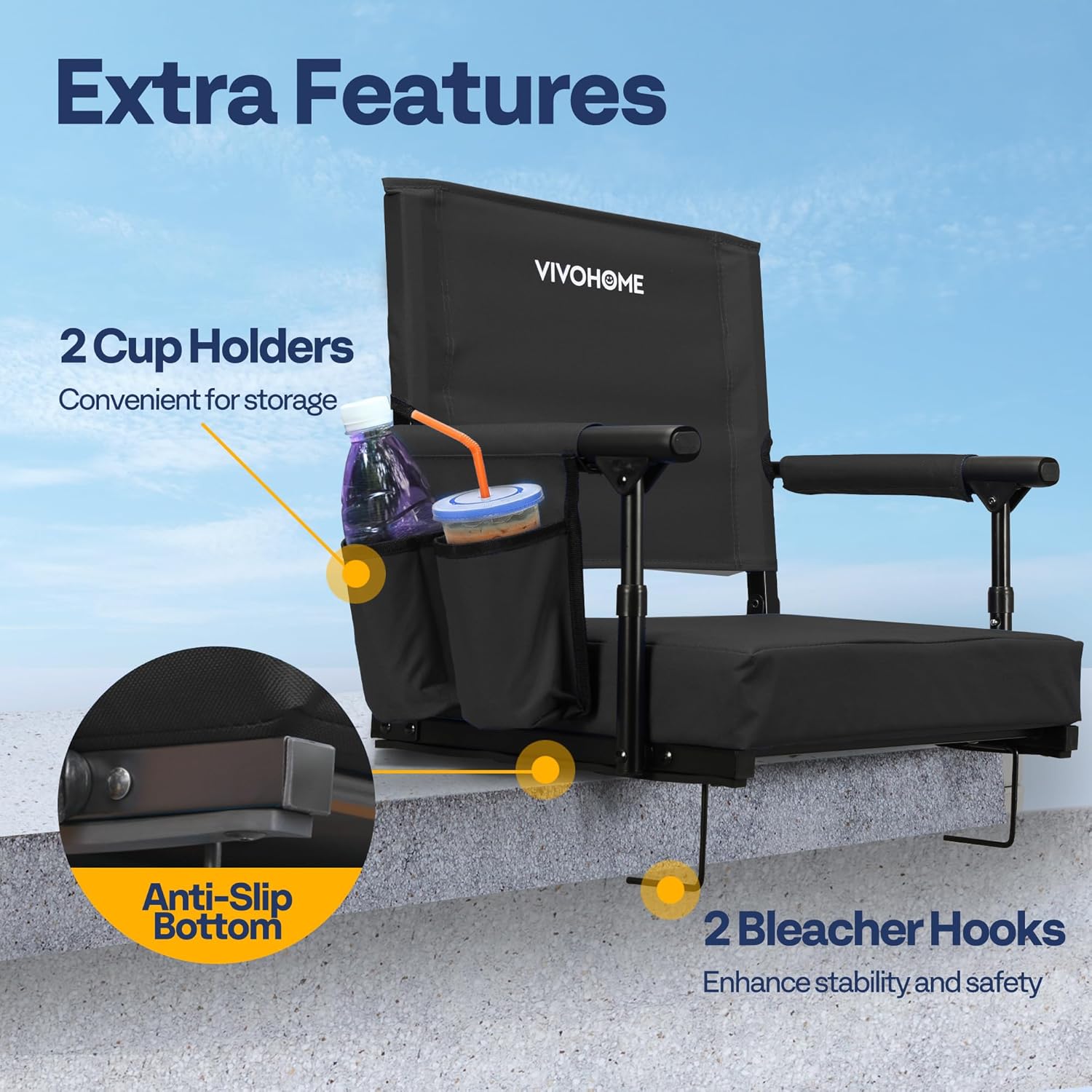 VIVOHOME Portable Stadium Seat - Comfortable Bleacher Chair with Back Support & Cup Holder | Black