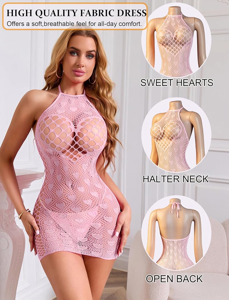 Lingerie Fishnet Dress Bodysuit with Halter Neck - Pink, One Size - LOLOVANCY