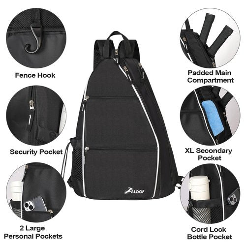 ALOOF Pickleball Bag for Man and Women, Adjustable Pickleball, Racketball Sling Bag, Backpack With Water Bottle Holder for Men, Black