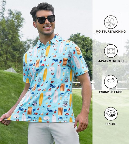 Damipow Men's Golf Polo Shirt - Moisture-Wicking Dry Fit Short Sleeve | Hawaiian Style