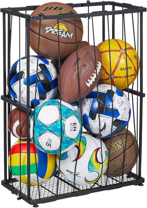 Garage Ball Storage | Wall-Mounted Sports Equipment Organizer - Elastic Rope Holder for Basketball, Soccer, Volleyball, Football - Black