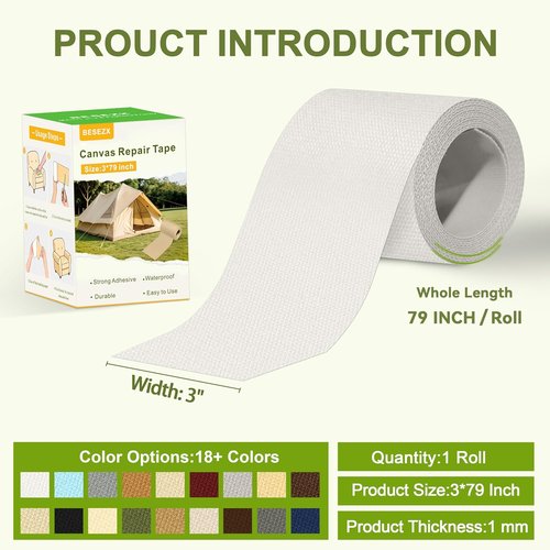 Besezx Canvas Repair Tape - Waterproof Self-Adhesive Fabric Patch for Outdoor Gear | 3" x 79" Off White