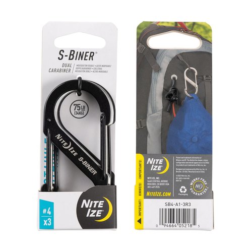 Nite Ize S-Biner Stainless Steel Dual Carabiner - Multi Purpose Dual Carabiner Clip - Great for Camping Supplies & Hiking Essentials - Secure Key Holder - Size 4, Black/Stainless Steel (3 Pack)