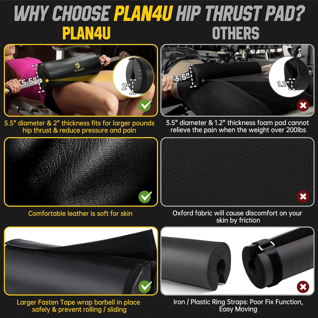 Plan4U Barbell Pad - Upgraded Non-Slip Leather Foam for Bench Press & Hip Thrust | Fits Standard Olympic Bars