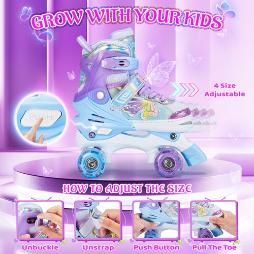 Roller Skates for Girls Boys, 4 Size Adjustable Roller Skates for Kids Toddler Youth with All Light up Wheels, Beginner Girls Skates Birthday Holiday Gifts for Indoor Outdoor (Small, Purple Blue)