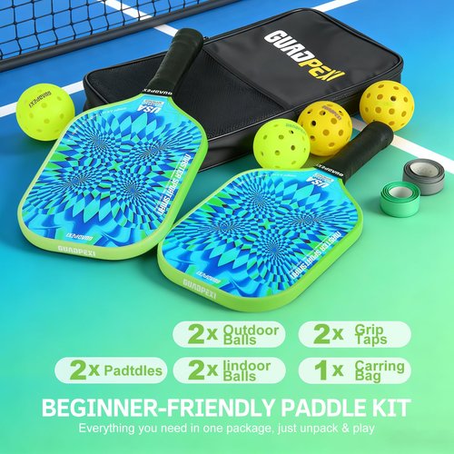 GUADPEXI USAPA Approved Pickleball Paddles Set of 2 - Premium Fiberglass Surface & Honeycomb Core for Power & Control - Lightweight Pickleball Set Includes 4 Balls, Carry Bag & Gift Box (Green)
