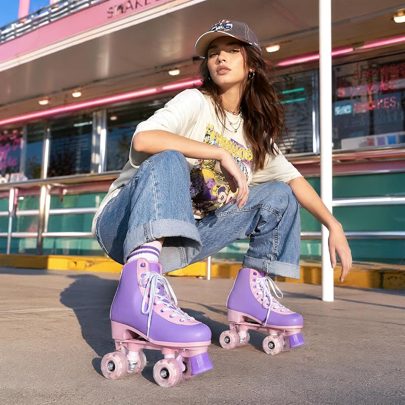 NEMONE Lavendar Dream Quad Roller Skates for Women, Girls - Light-Up PU Leather High-Top