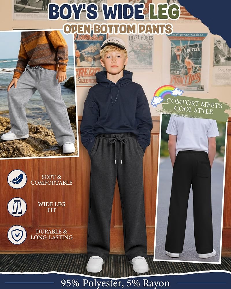 4 Pack Boys Baggy Sweatpants with Pockets - Medium Grey, Light Grey, Dark Grey, Black (5-14y)