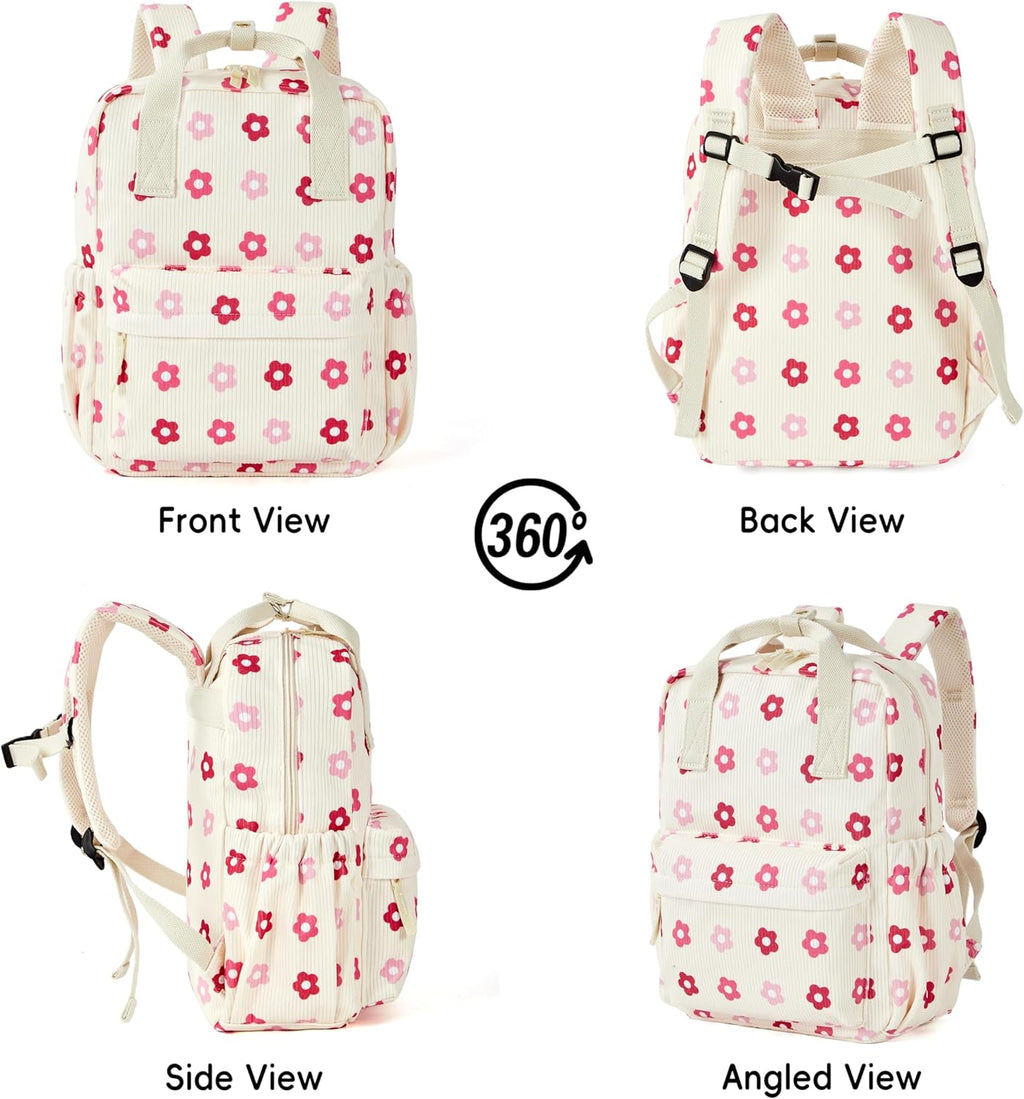 Skiennix Mini Corduroy Toddler Backpack - Lightweight Floral Beige Bookbag for Preschool Kids 13" H