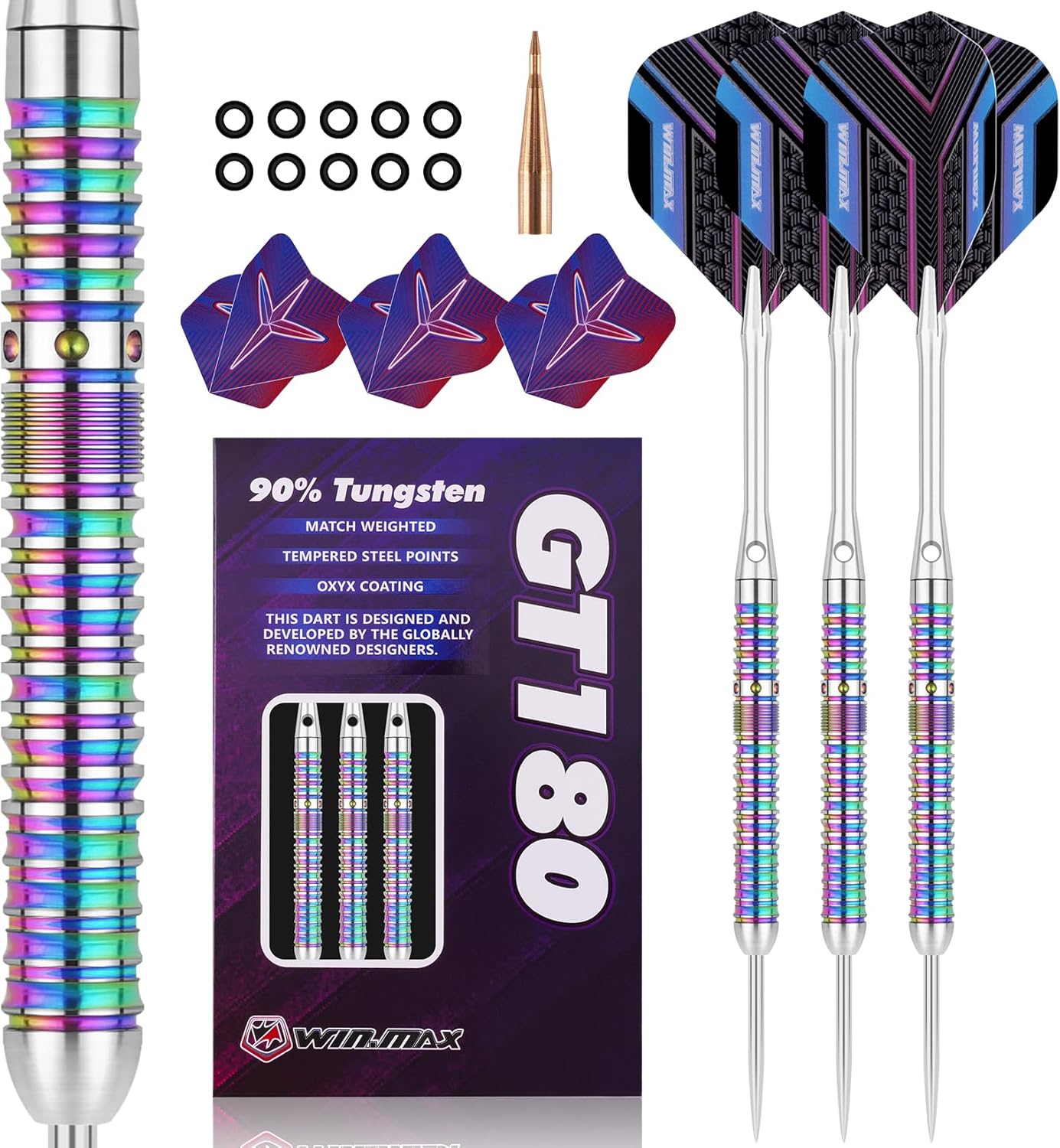WIN.MAX Darts Metal Tip Set - Professional 90% Tungsten Steel Darts with Extra Flights | 20-28 Grams