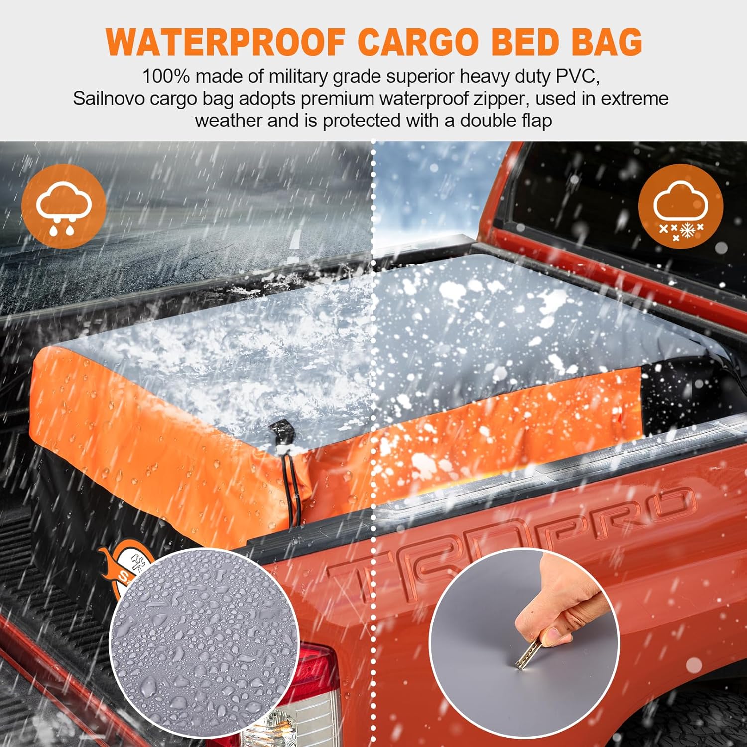 Sailnovo Waterproof Truck Bed Cargo Bag - 26 Cubic Ft Heavy Duty PVC with 6 Stretch Cords | Fits Any Truck Size
