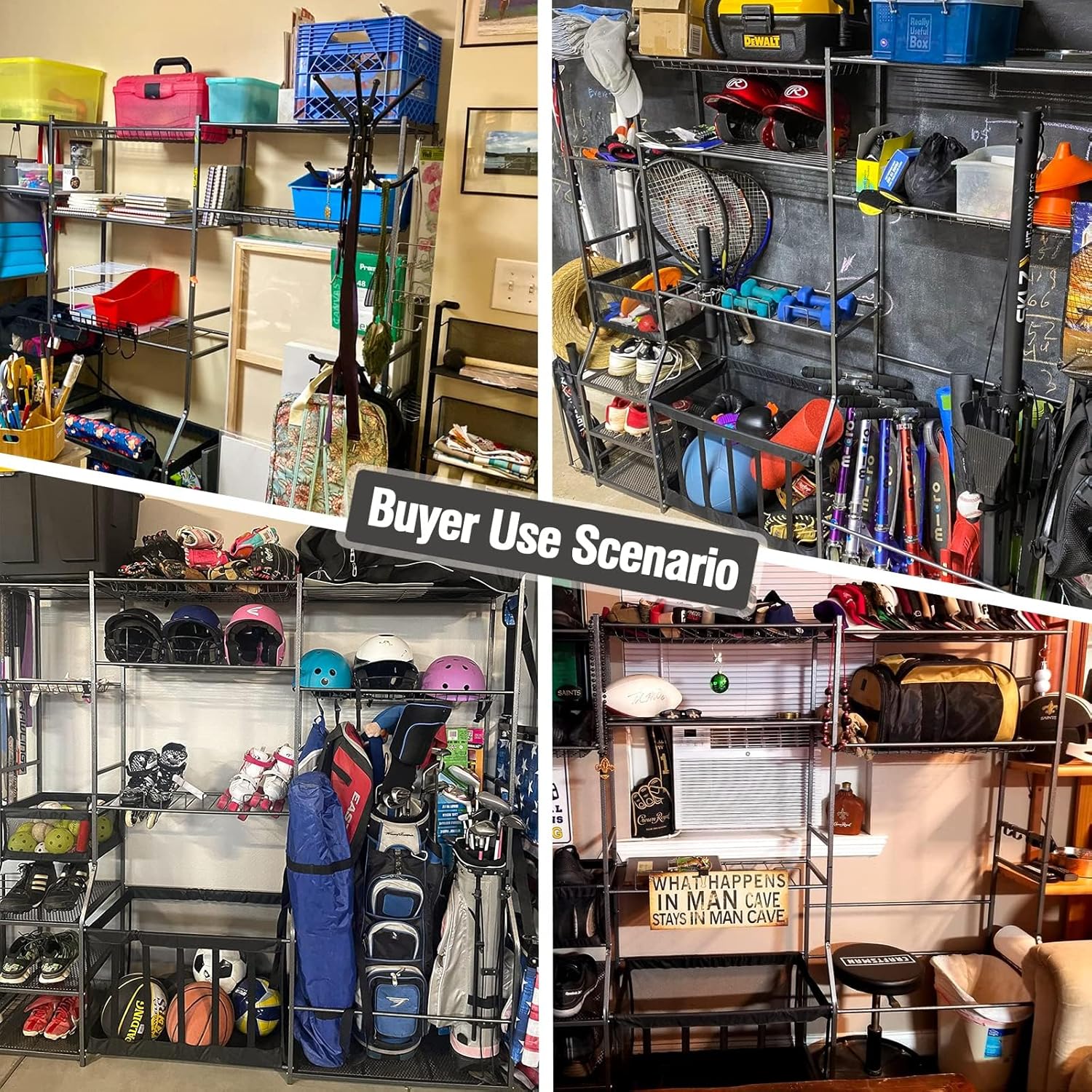 Skiennix Large Garage Sports Equipment Organizer - Upgraded Rack with Holder & Hooks for Balls | Indoor/Outdoor Basketball Storage