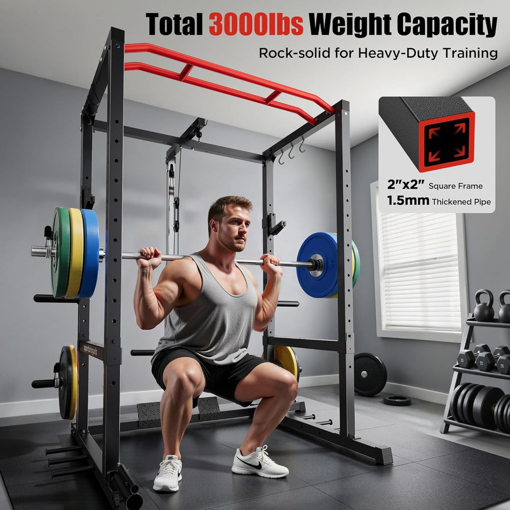 SPORTSROYALS Power Rack - Multi-Functional Squat Cage with Pulley System & LAT Pull Down for Home Gym