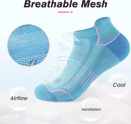 Niorasen Ankle Socks - Women's Cotton Cushioned Athletic Running Socks | 6 Pairs, Breathable Low Cut