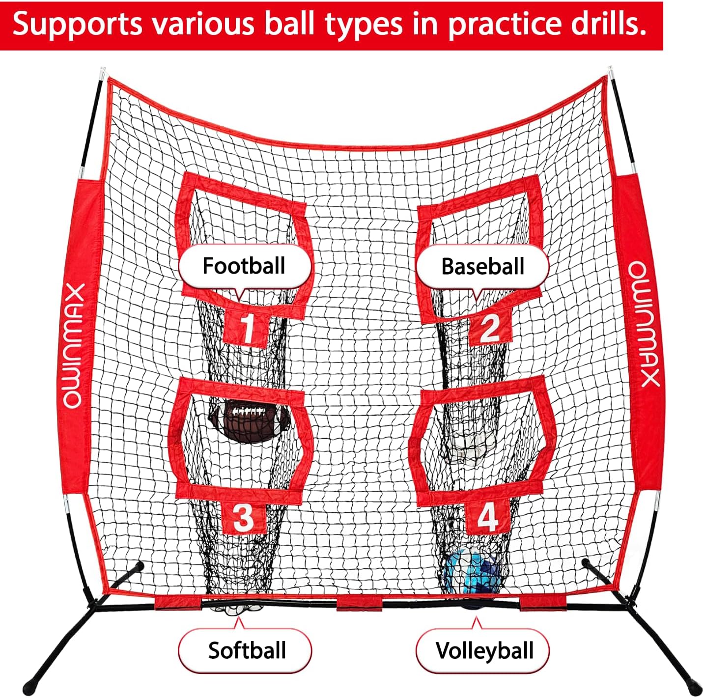 Skiennix Football Trainer Throwing Net - 6x6 Ft Target Practice with 4 Targets & Carry Bag | Black/Red