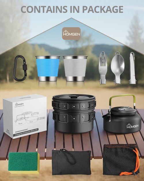 HOMGEN 12pcs Ultralight Anodized Aluminum Camping Cookware Set for 2 People - Nesting Pot/Pan with Foldable Handles 800ml Insulated Teapot & Stainless Cups- Compact Backpacking Gear for Camping Hiking