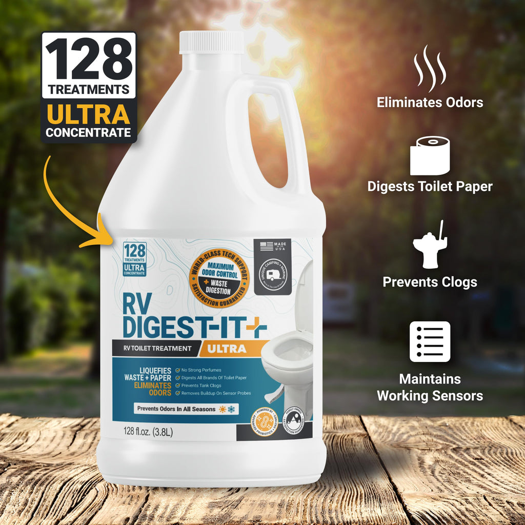 Unique RV Digest-It Ultra RV Toilet Treatment Refill, 128 Uses, Super Concentrated - Eliminates Smells and Liquifies Waste, Easy-Measure Extra-Strength Bio-Enzymatic Holding Tank Treatment (128 oz)