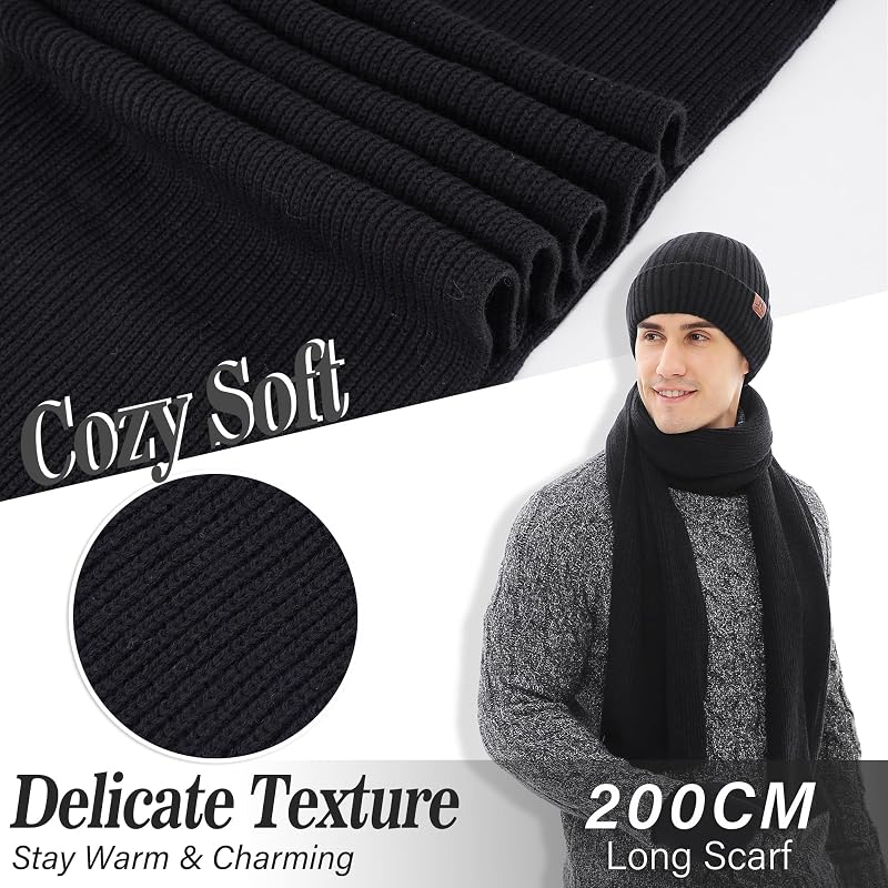 Mens Winter Beanie Hat and Scarf with Touchscreen Gloves Set - Black, One Size
