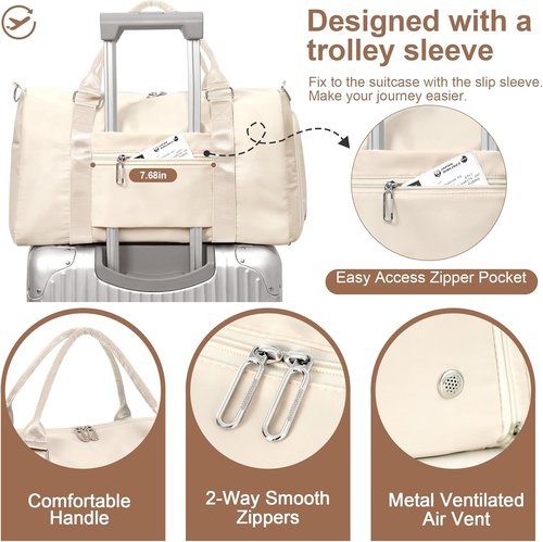 FIORETTO Women's Gym Tote Duffle Bag - Wet Pocket & Shoe Compartment | Beige Sports Weekender Bag